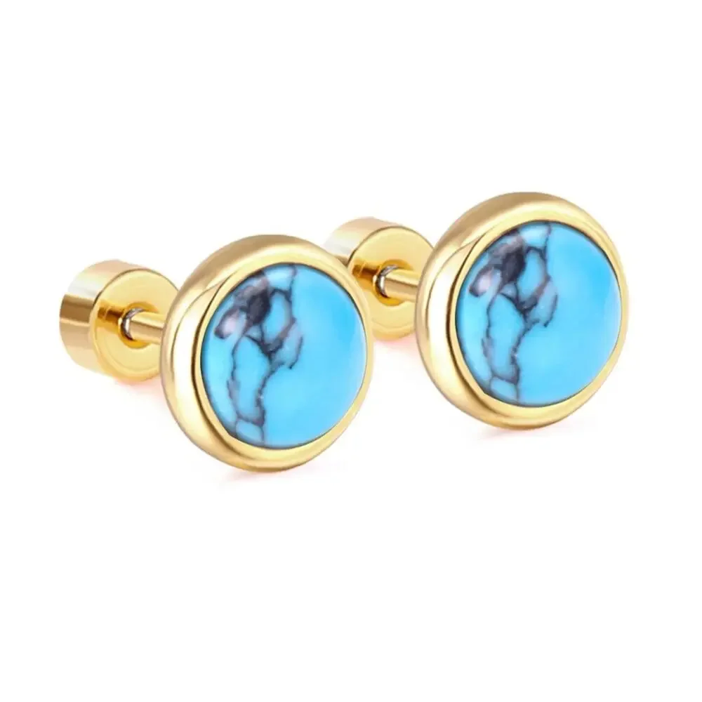 NEW 14K yellow gold plated turquoise stud earrings jewelry B28A - Picture 2 of 6
